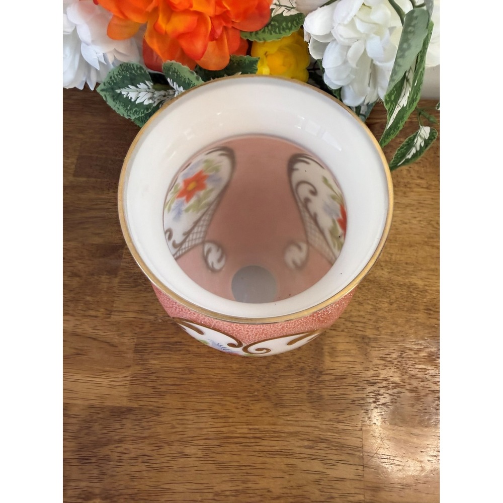 Vintage Hand-Painted Pink Textured Art‎ Glass Vase Floral Gold Accents MCM Decor - Picture 4 of 10